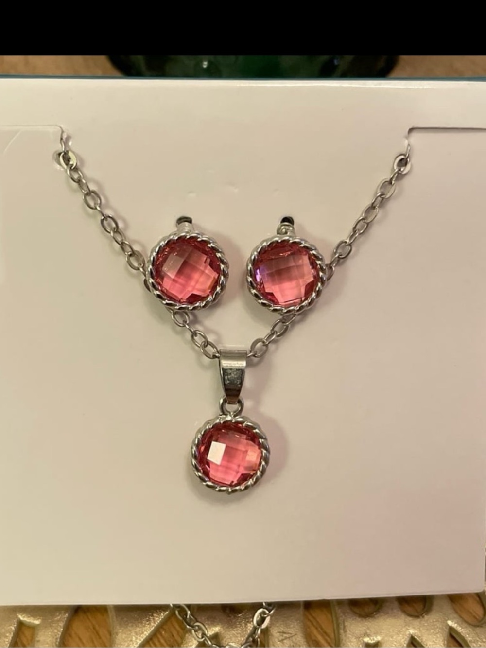 Pink Crystal Pendant Necklace and Stud Earrings Set